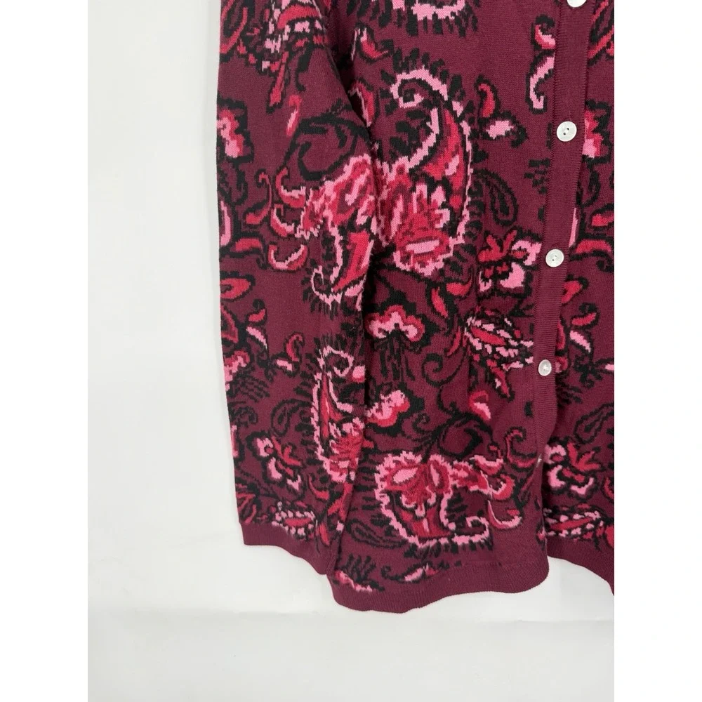 Appleseeds Floral Button Front Sweater Women L Burgundy Whimsigoth Cardigan